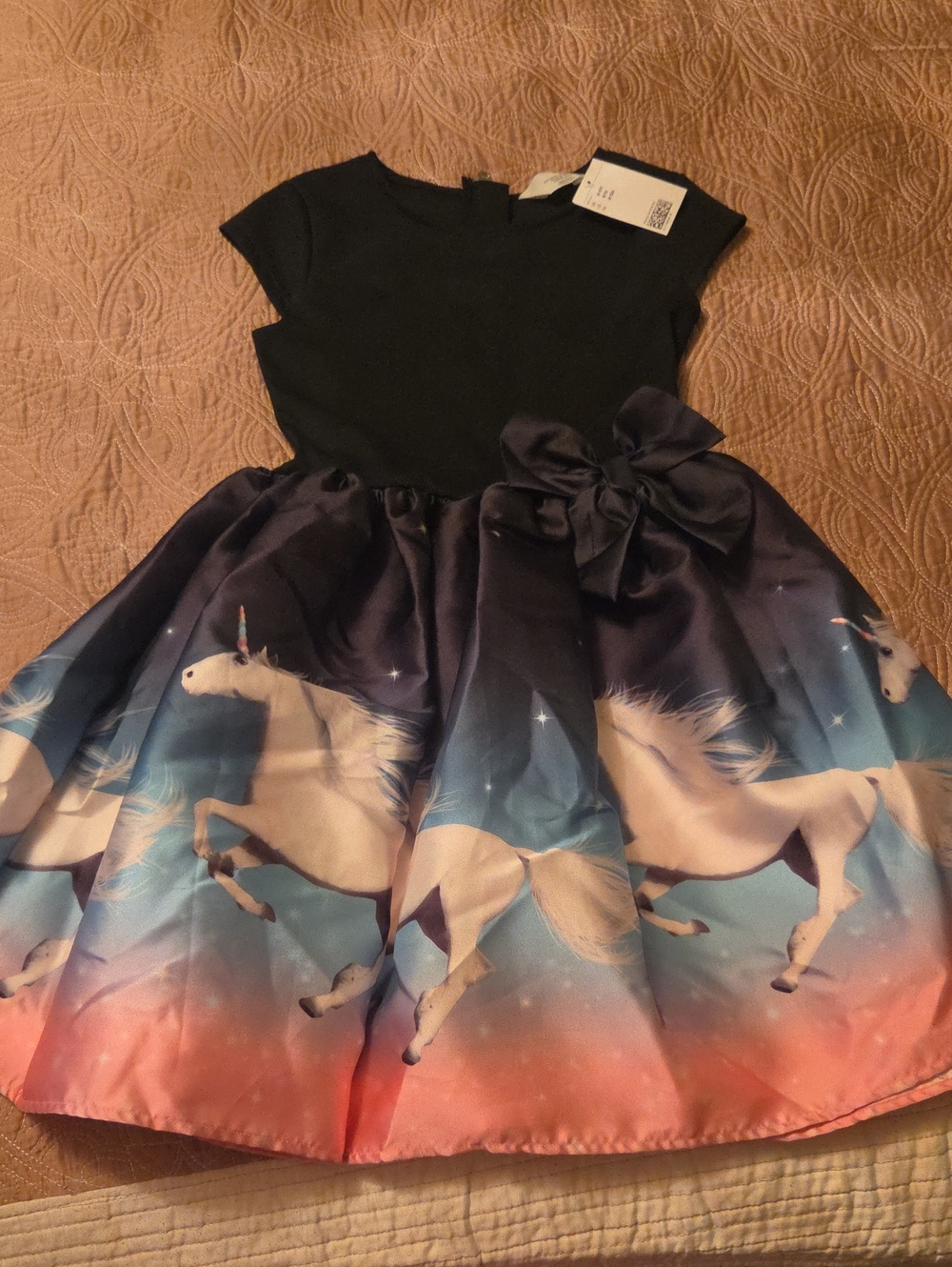 H&M Navy Top Unicorn Print Dress with Coral Gradient Skirt and Bow
